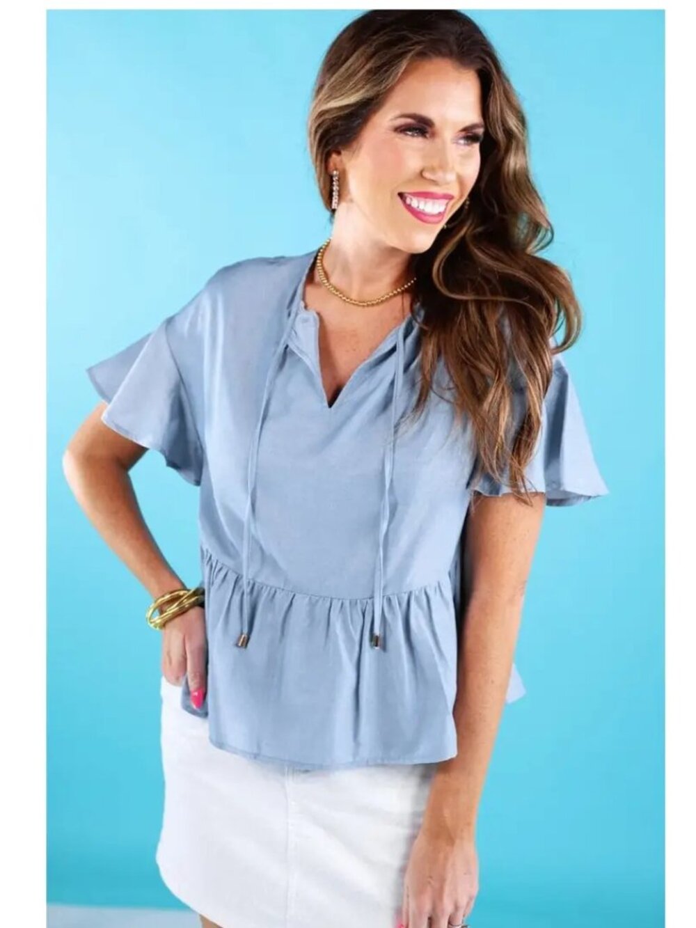 Graceful Flare Chambray Peplum Top